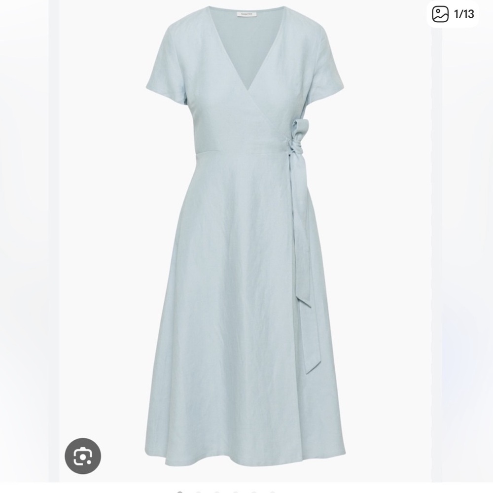Aritzia Linen Wrap Midi Dress in Pale Blue